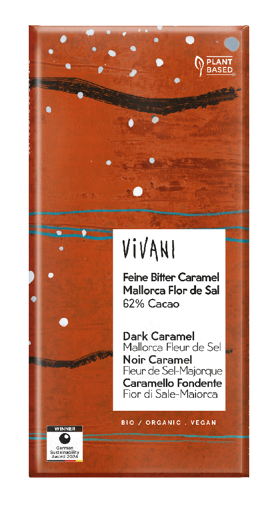 Vivani Chocolade puur caramel fleur de sel 62% cacao bio 80g